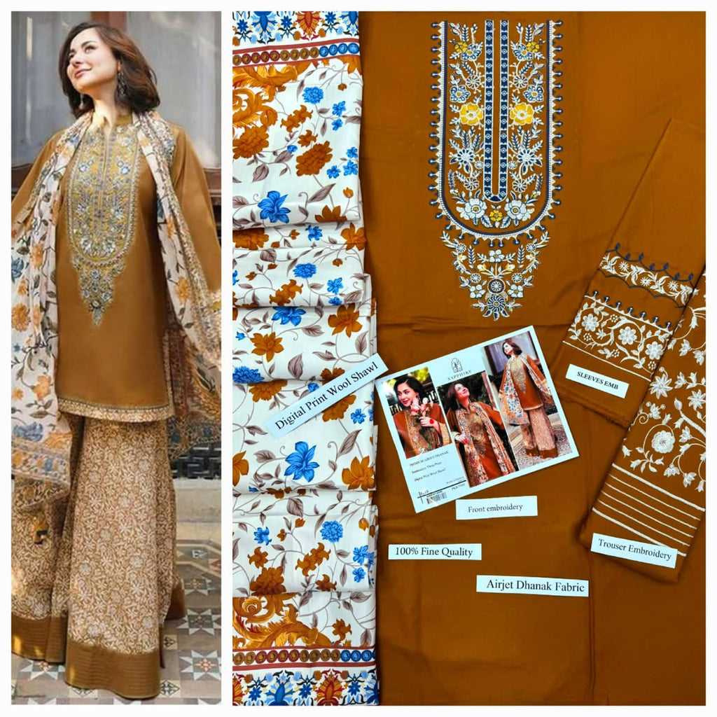Premium Embroidered Airjet Dhanak 3-Piece Suit with Digital Printed Wool Shawl