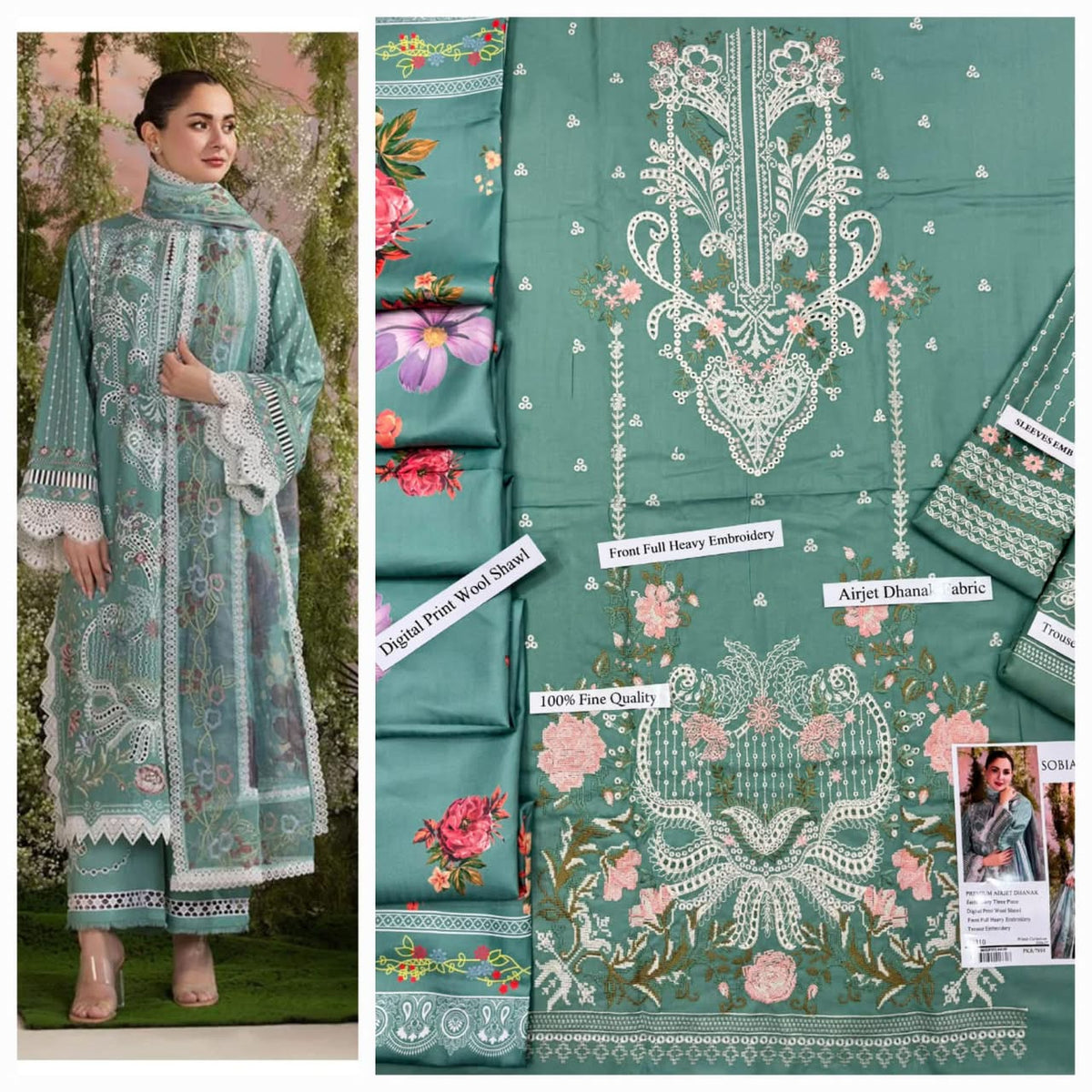 Premium Heavy Embroidered Airjet Dhanak 3-Piece Suit with Embroidered Dhanak Shawl