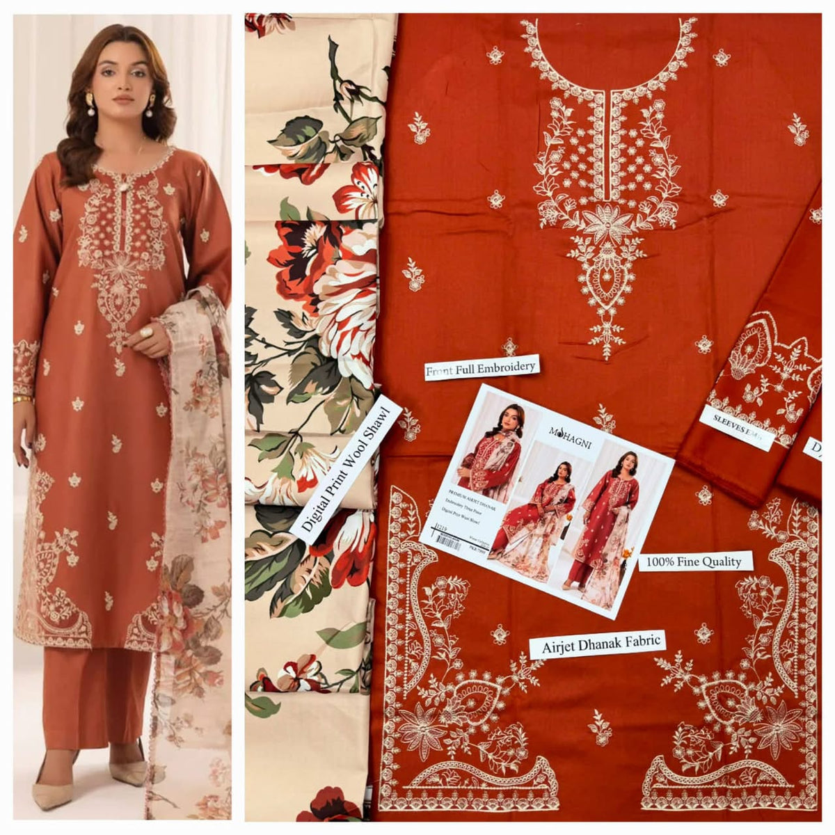 Premium Embroidered Airjet Dhanak 3-Piece Suit with Digital Printed Wool Shawl