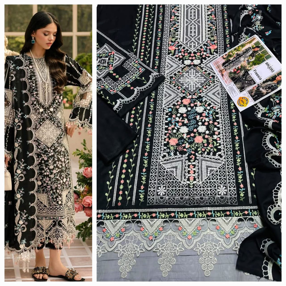 Premium Embroidered Winter Dhanak 3-Piece Suit with Motif Work Shawl & Patches