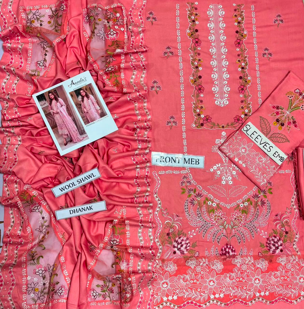Premium Heavy Chikankari Embroidered Winter Dhanak 3-Piece Suit with Cutwork Shawl