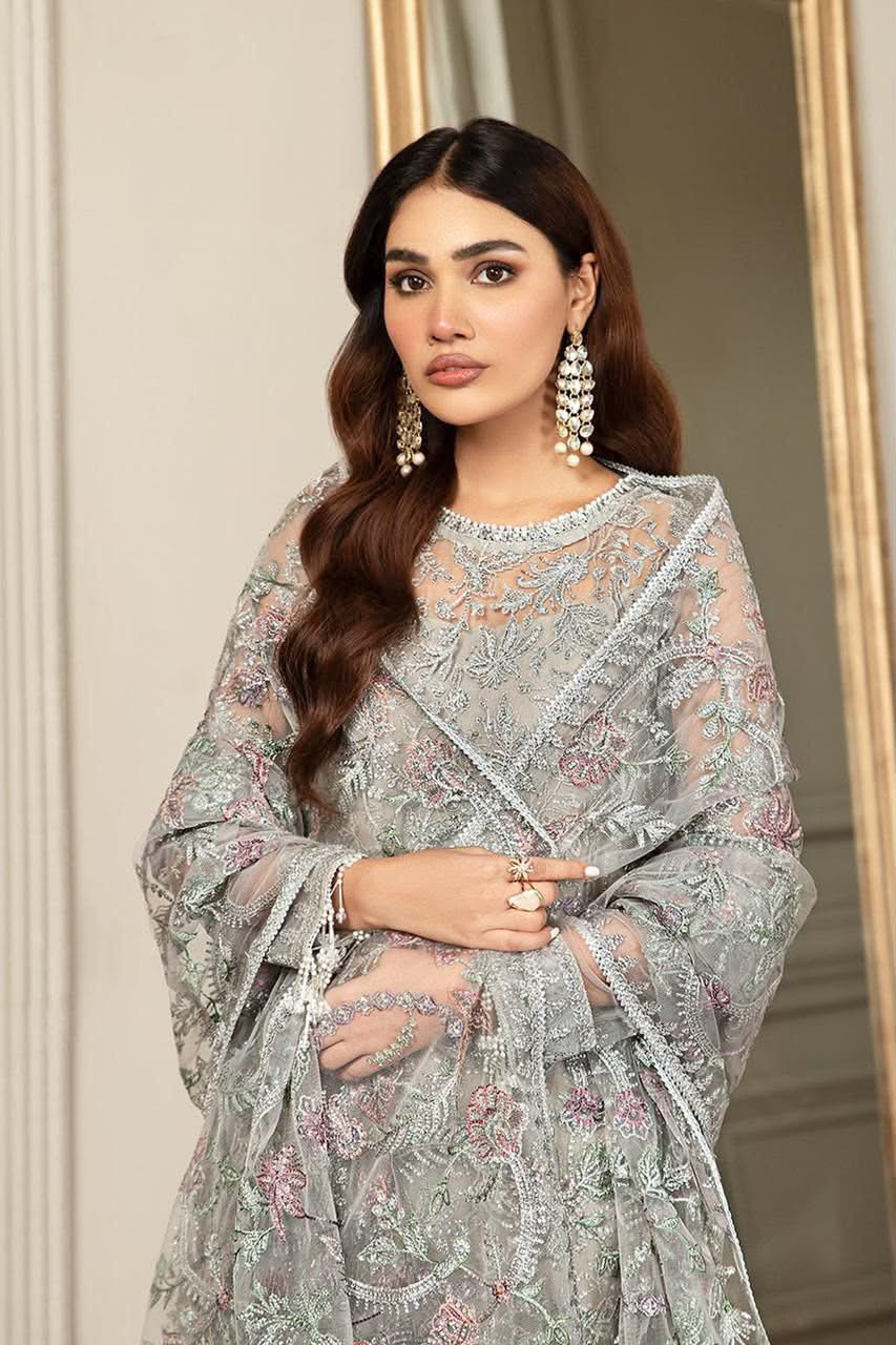 Luxury Heavy Spangle Embroidered Net 3-Piece Suit with Cutwork Dupatta & Shamoze Silk Inner