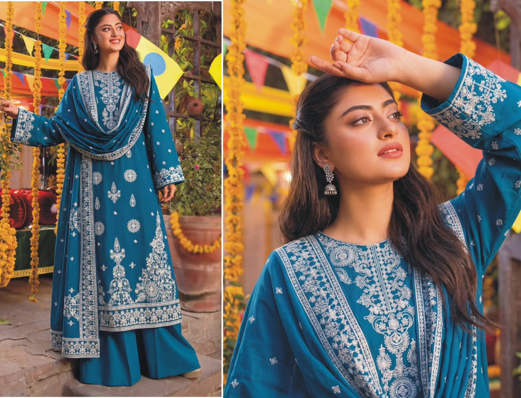 Luxury Full Sequin Embroidered Airjet Slub Dhanak 3-Piece Suit