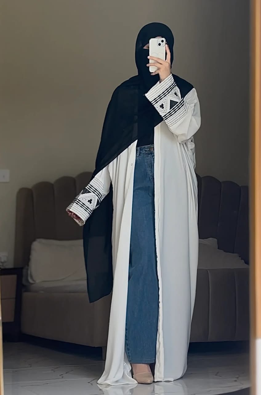 Graceful Wool Peach Flared Abaya with Matching Stole Set