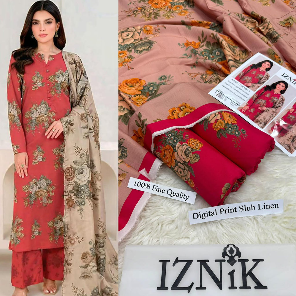 Premium Digital Printed Airjet Slub Linen 3-Piece Suit By IZNIK