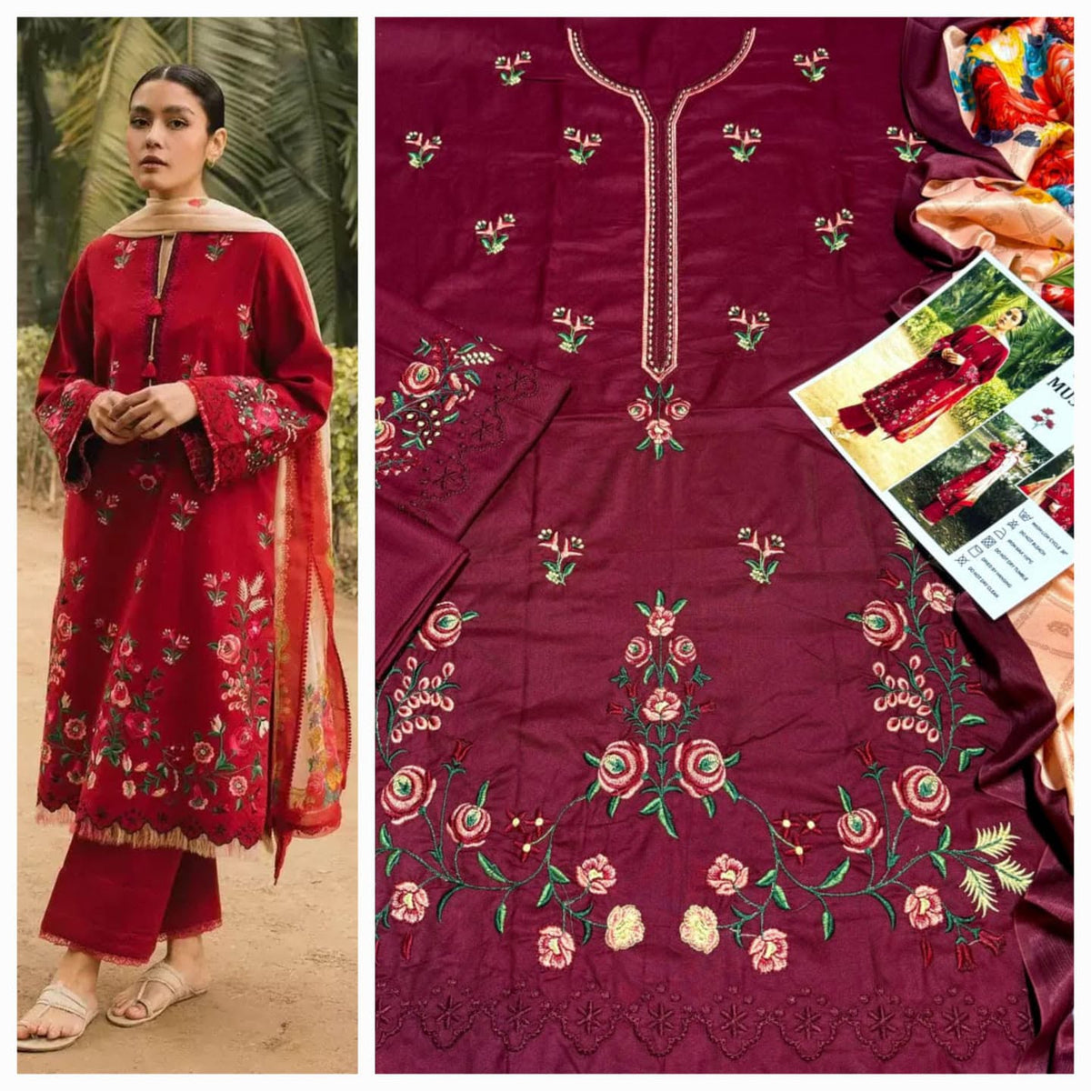 Premium Heavy Embroidered Cambric Cotton 3-Piece Suit with Digital Printed Swiss Lawn Dupatta