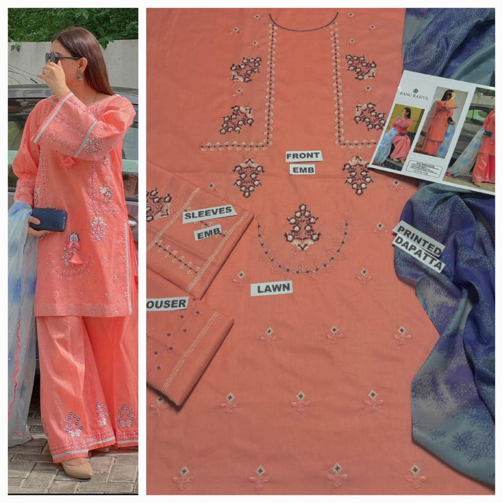Premium Heavy Embroidered Cambric Cotton 3-Piece Suit with Digital Printed Swiss Lawn Dupatta