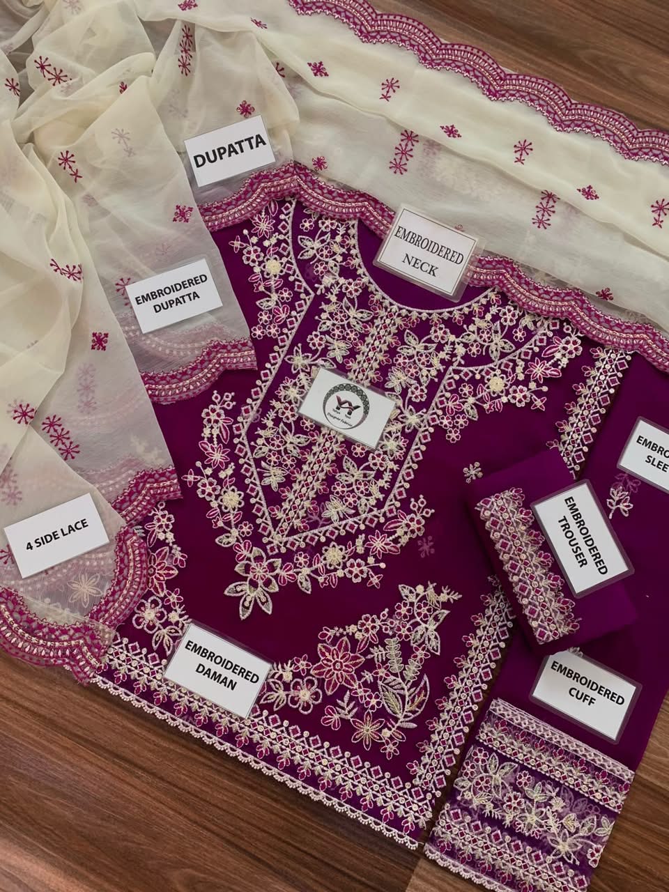Luxury Heavy Embroidered Chiffon 3-Piece Suit with Organza Borders & Embroidered Dupatta