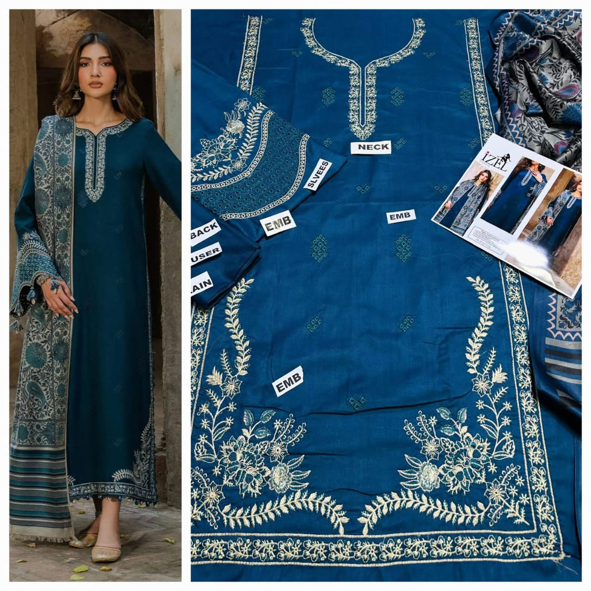 Premium Embroidered Airjet Dhanak 3-Piece Suit with Digital Printed Wool Shawl