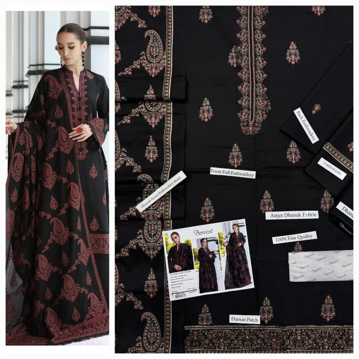 Premium Embroidered Airjet Dhanak 3-Piece Suit with Heavy Embroidered Dhanak Shawl