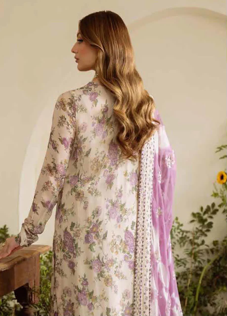 Premium Digital Printed Silk 3-Piece Frock Suit with Embroidered Patches & Laced Dupatta