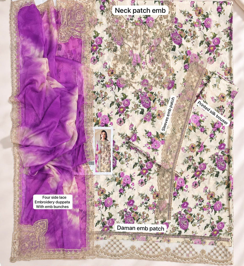 Premium Digital Printed Silk 3-Piece Frock Suit with Embroidered Patches & Laced Dupatta