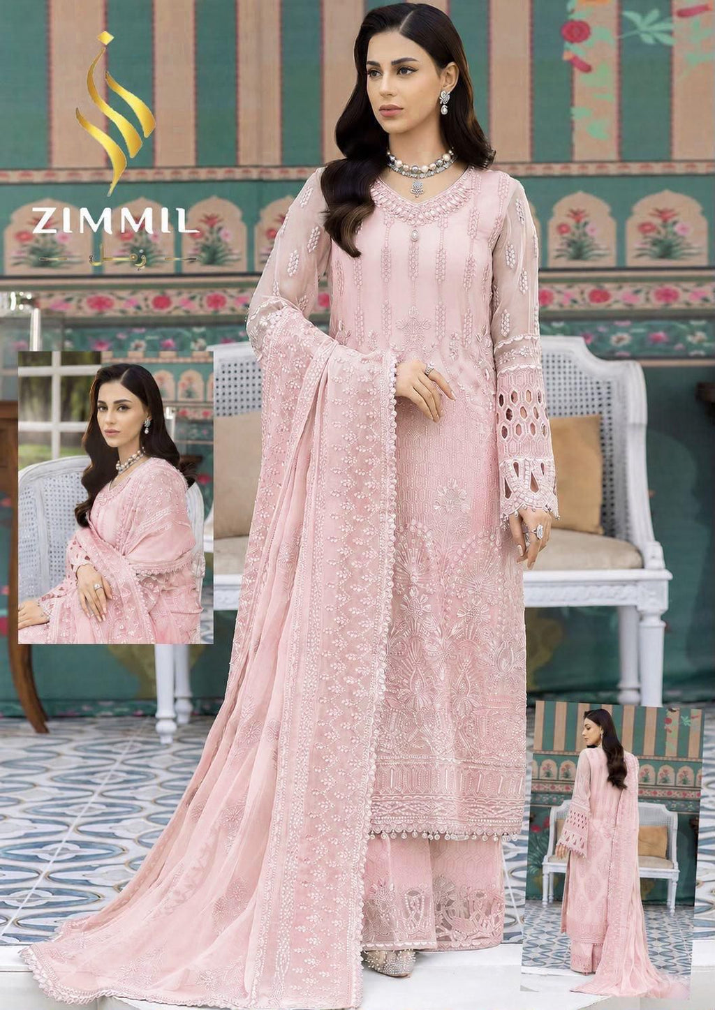 Luxury Organza Embroidered Festive 3-Piece Suit with Handwork & Tassels