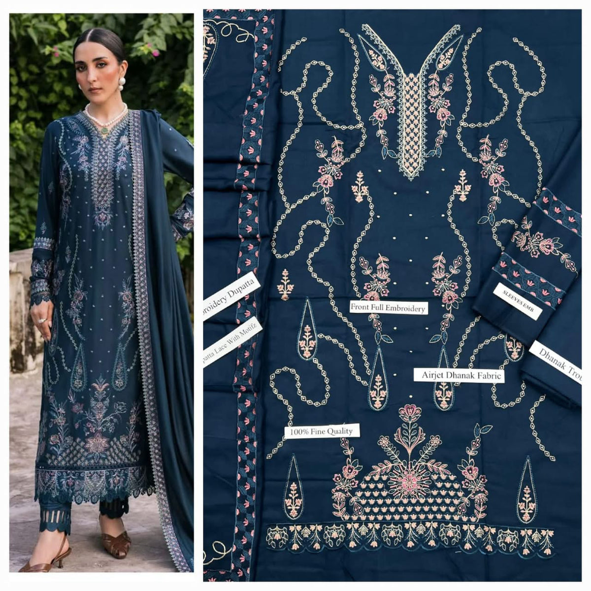 Premium Heavy Embroidered Airjet Dhanak 3-Piece Suit with Embroidered Dhanak Shawl