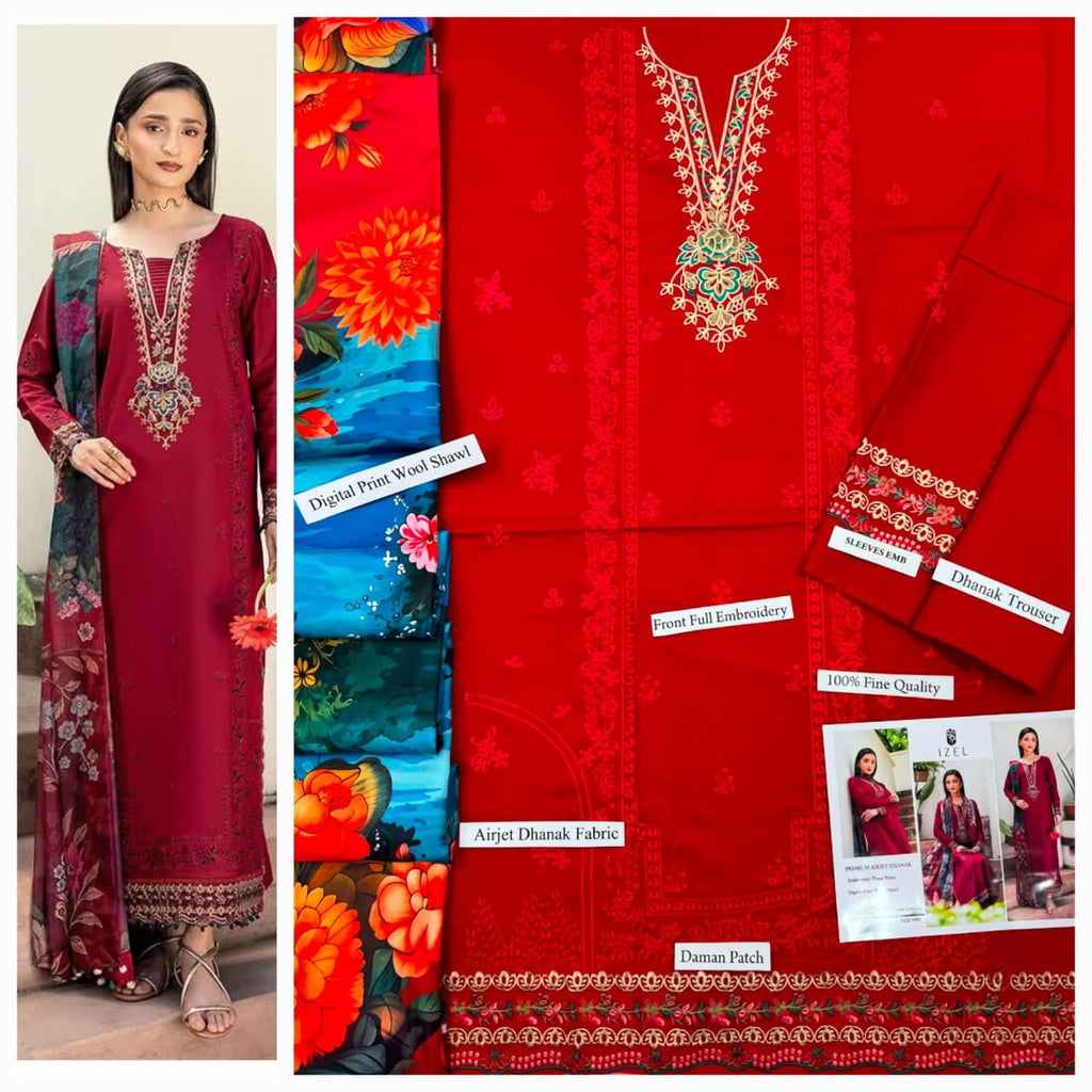 Premium Embroidered Airjet Dhanak 3-Piece Suit with Digital Printed Wool Shawl