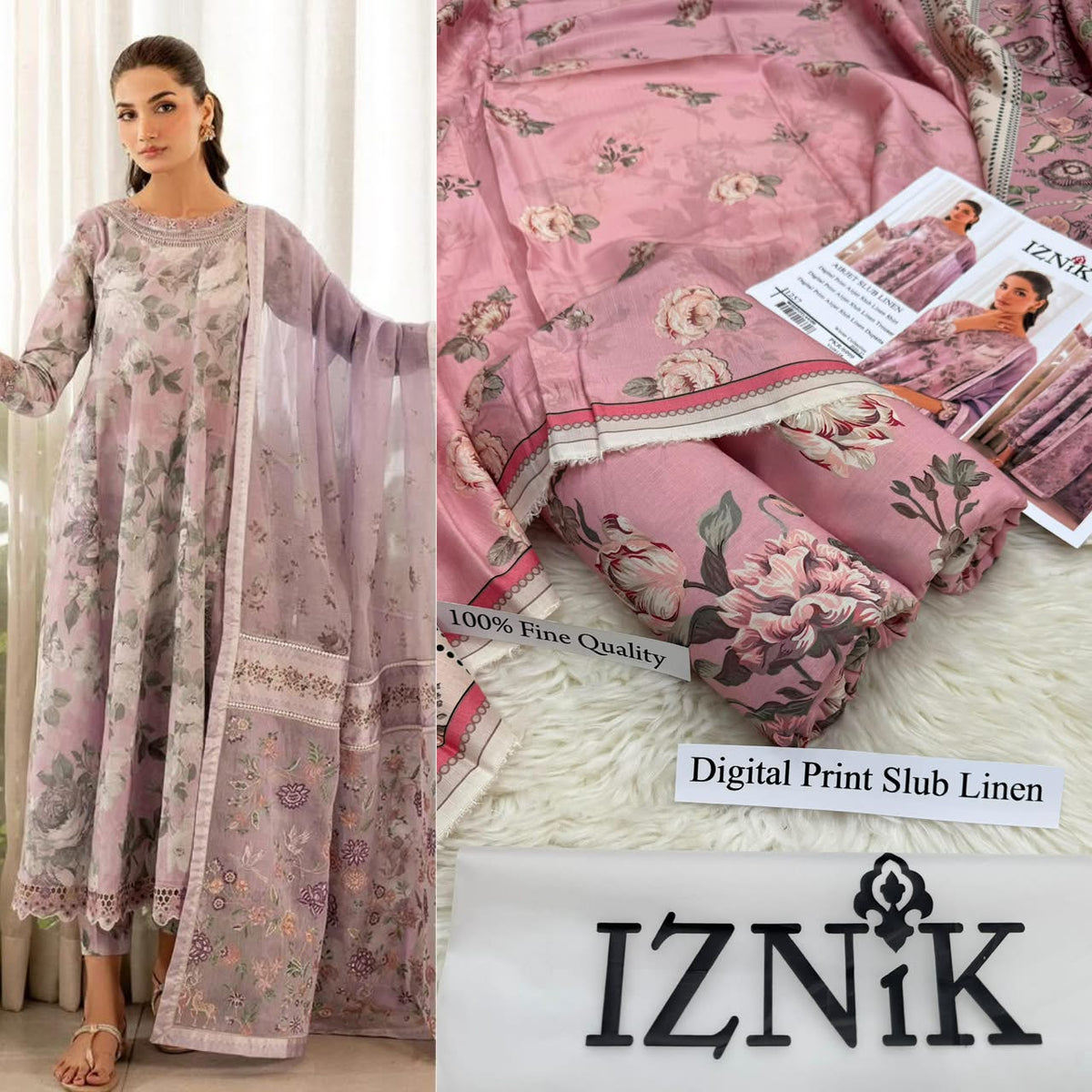 Premium Digital Printed Airjet Slub Linen 3-Piece Suit By IZNIK
