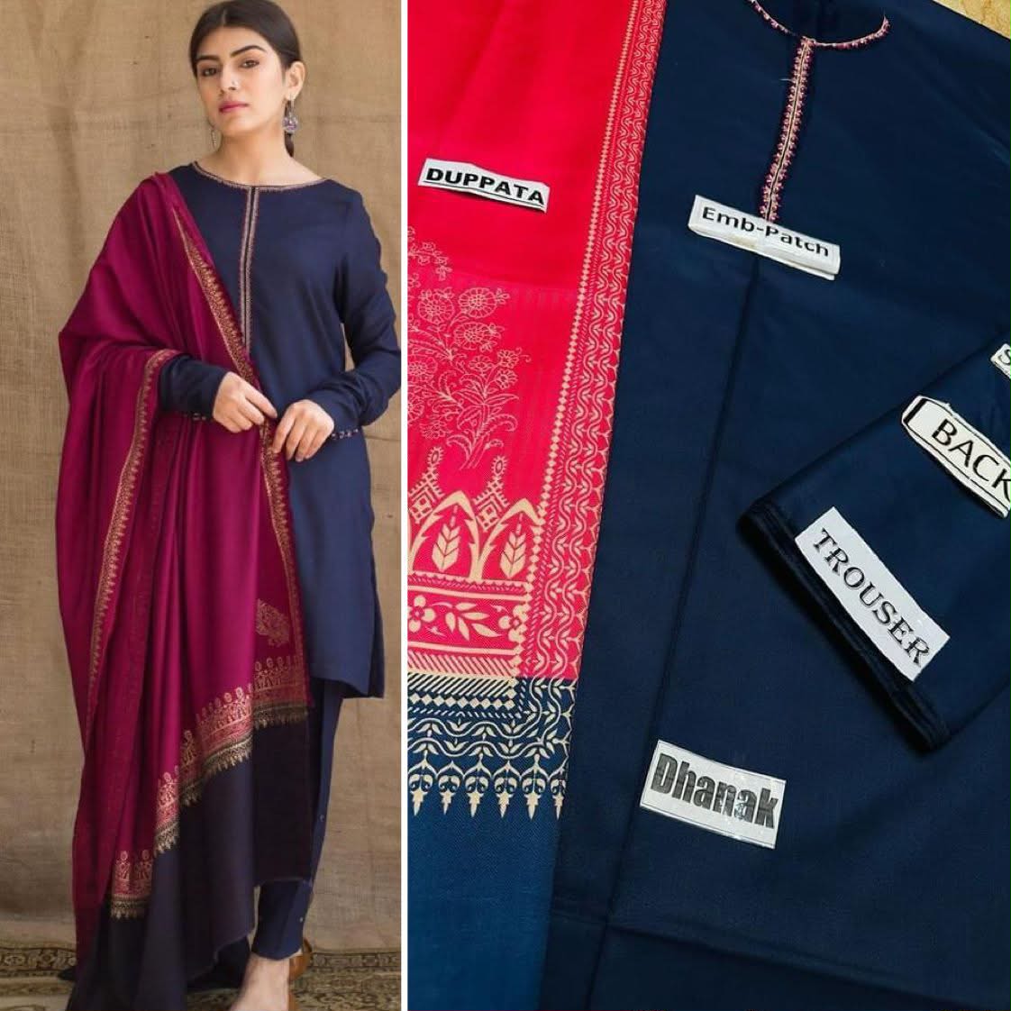 Premium Embroidered Winter Dhanak 3-Piece Suit with Digital Printed Twill Pashmina Shawl