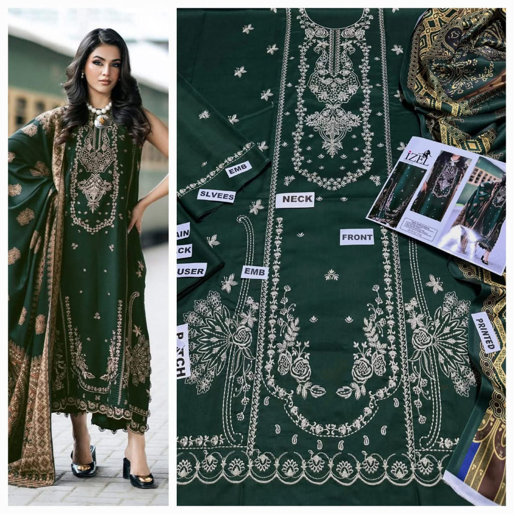 Premium Embroidered Airjet Dhanak 3-Piece Suit with Digital Printed Wool Shawl