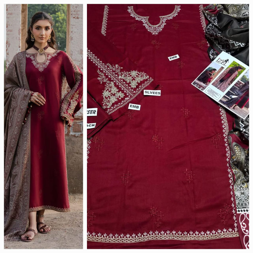 Premium Embroidered Airjet Dhanak 3-Piece Suit with Digital Printed Wool Shawl