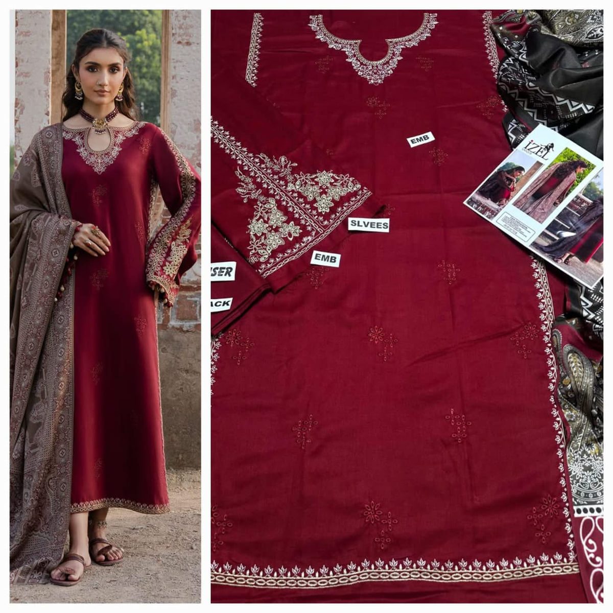 Premium Embroidered Airjet Dhanak 3-Piece Suit with Digital Printed Wool Shawl