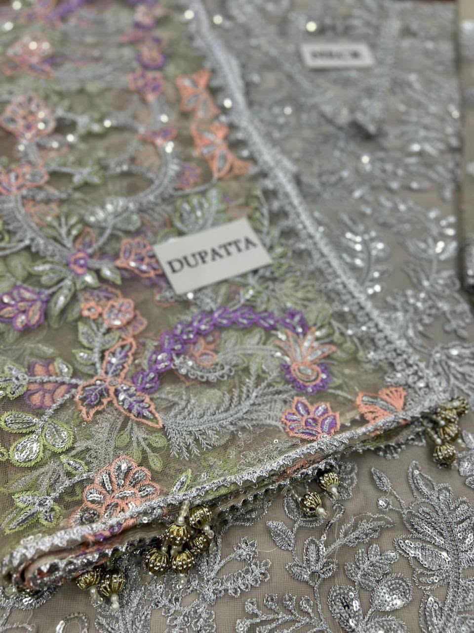 Luxury Heavy Spangle Embroidered Net 3-Piece Suit with Cutwork Dupatta & Shamoze Silk Inner