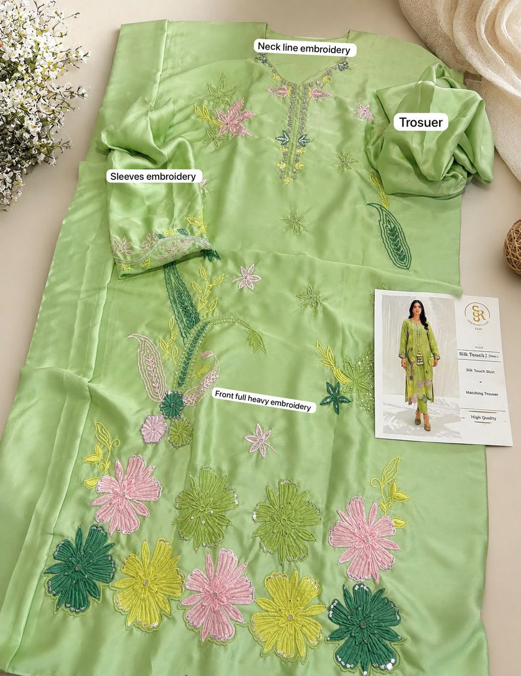 Women's Luxury Embroidered Silk 2-Piece Suit with Printed Trouser