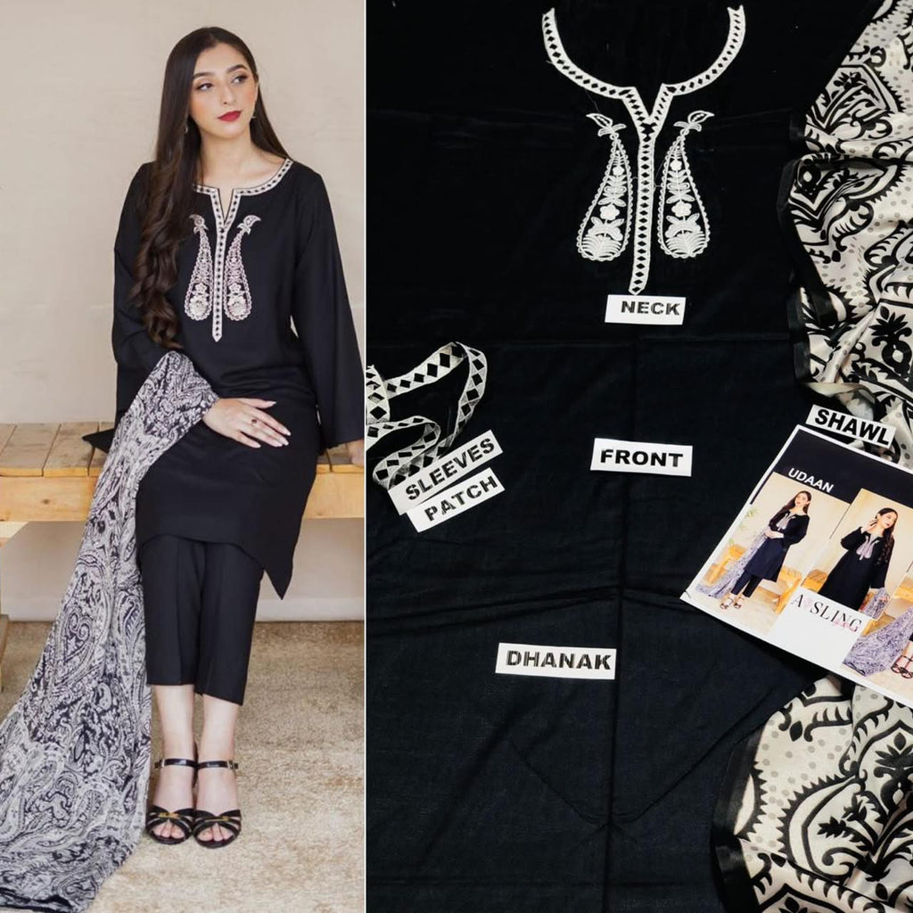 Premium Embroidered Winter Dhanak 3-Piece Suit with Digital Printed Twill Pashmina Shawl
