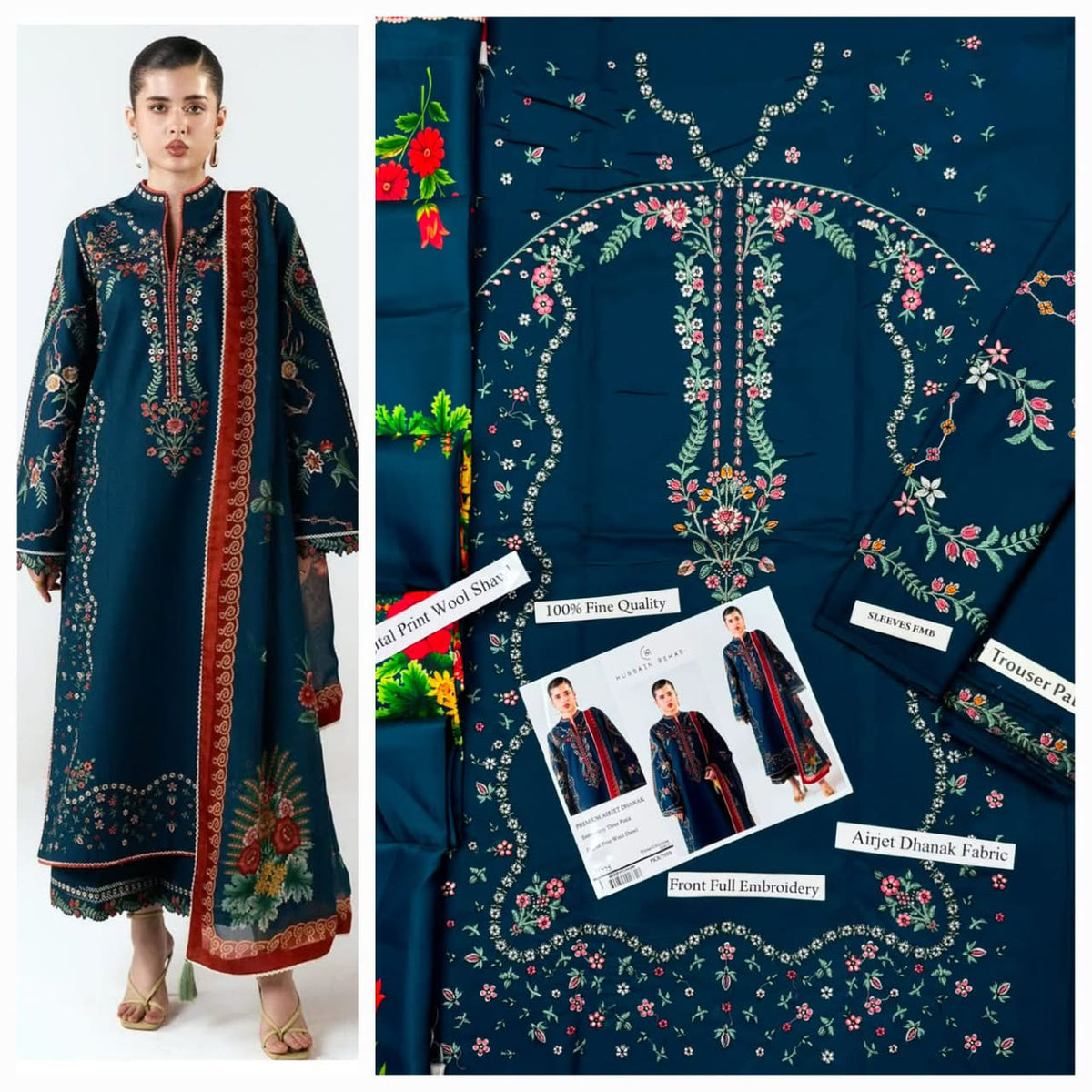 Premium Embroidered Airjet Dhanak 3-Piece Suit with Digital Printed Wool Shawl