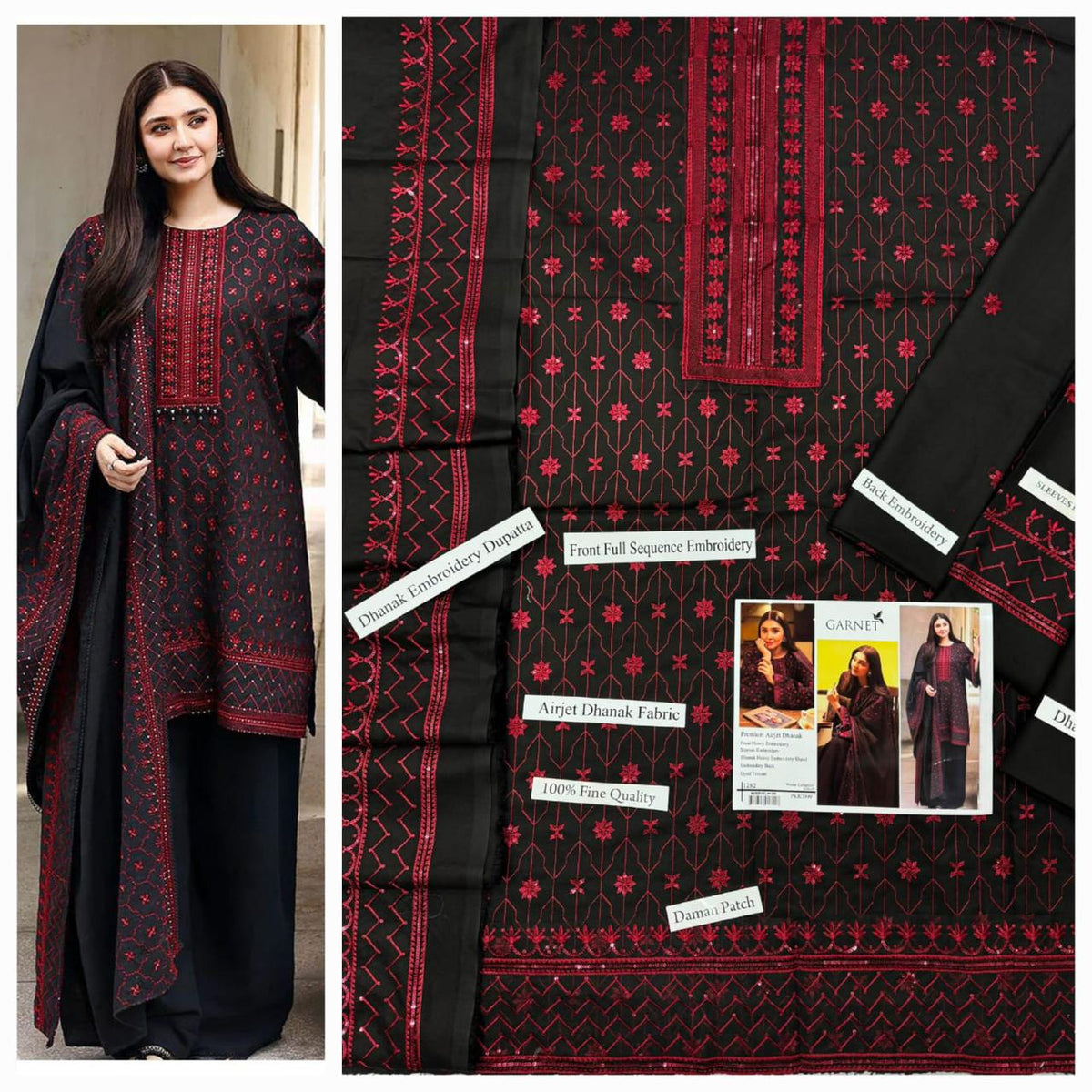 Premium Embroidered Airjet Dhanak 3-Piece Suit with Heavy Embroidered Dhanak Shawl