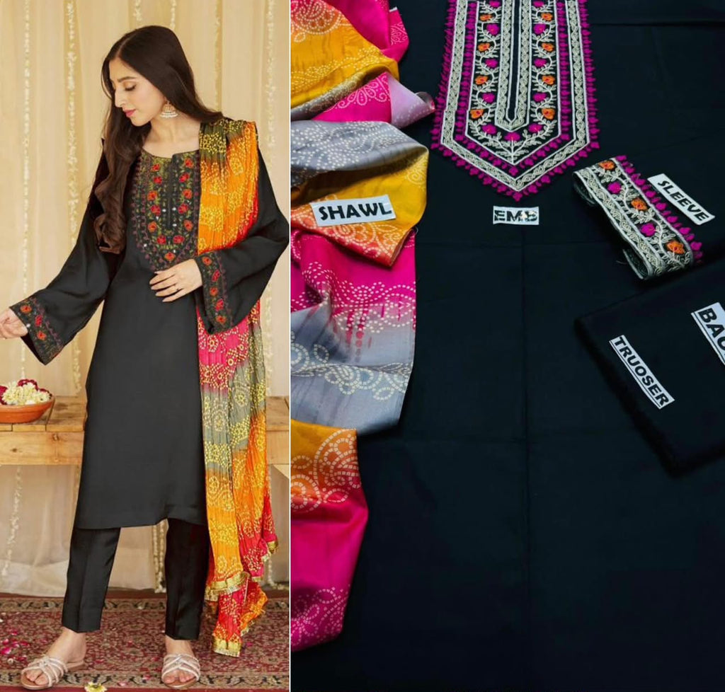 Premium Embroidered Winter Dhanak 3-Piece Suit with Digital Printed Twill Pashmina Shawl
