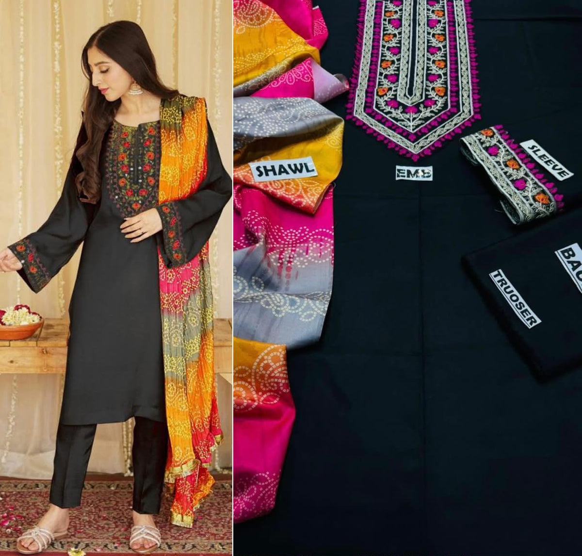 Premium Embroidered Winter Dhanak 3-Piece Suit with Digital Printed Twill Pashmina Shawl