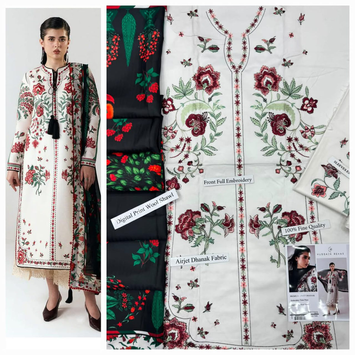Premium Embroidered Airjet Dhanak 3-Piece Suit with Digital Wool Shawl