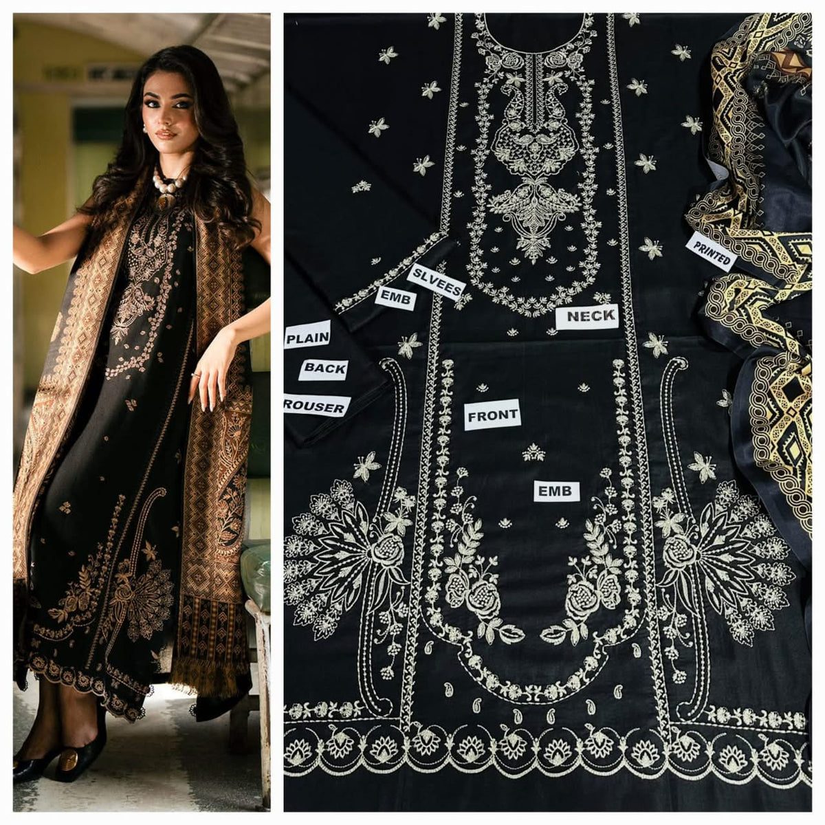 Premium Embroidered Airjet Dhanak 3-Piece Suit with Digital Printed Wool Shawl