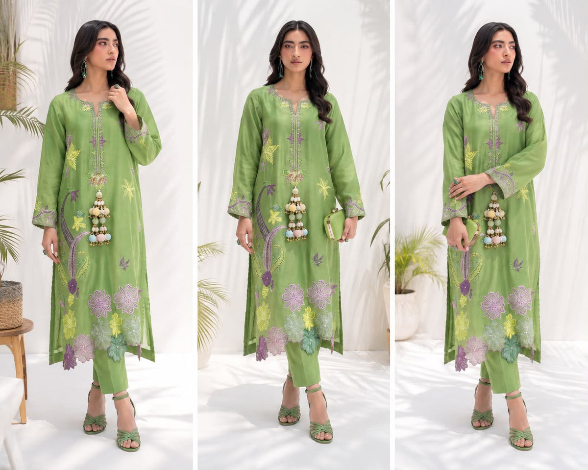 Women's Luxury Embroidered Silk 2-Piece Suit with Printed Trouser