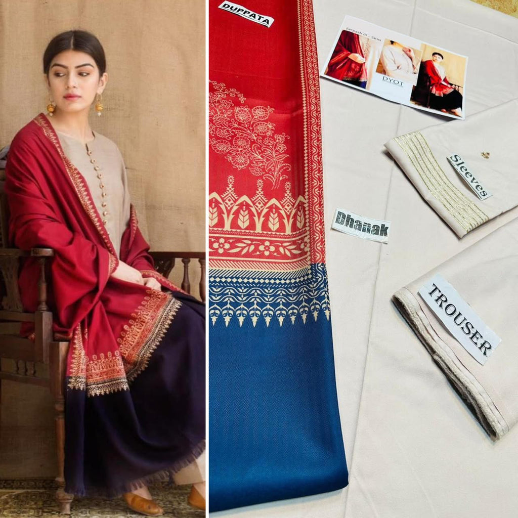 Premium Embroidered Winter Dhanak 3-Piece Suit with Digital Printed Twill Pashmina Shawl