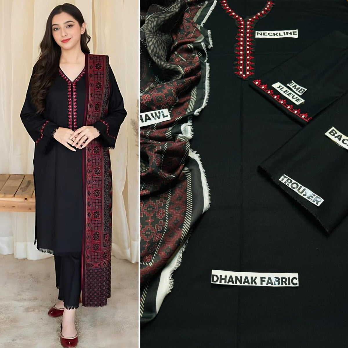 Premium Embroidered Winter Dhanak 3-Piece Suit with Digital Printed Twill Pashmina Shawl
