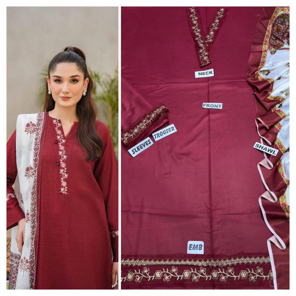 Premium Embroidered Winter Dhanak 3-Piece Suit with Digital Printed Twill Pashmina Shawl