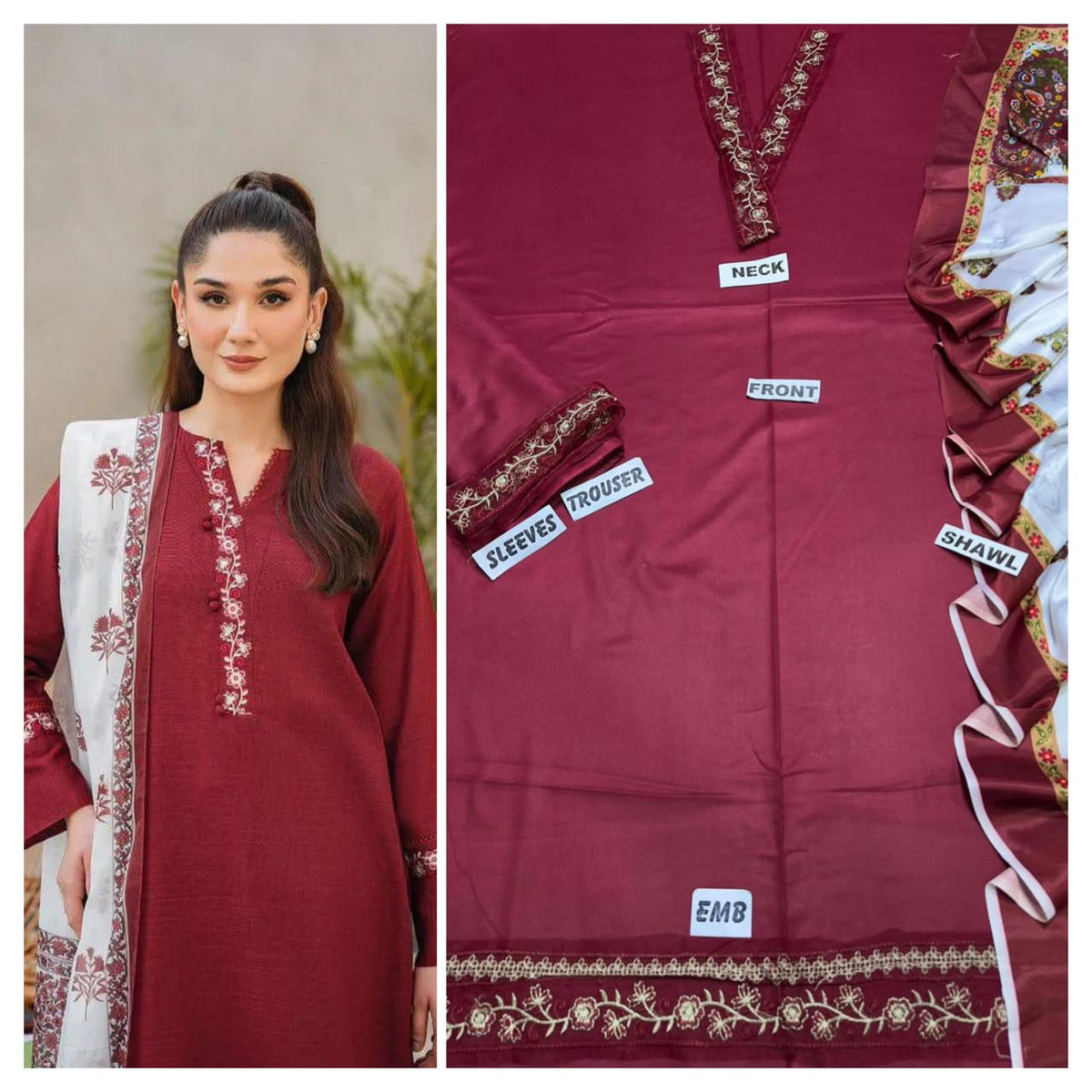 Premium Embroidered Winter Dhanak 3-Piece Suit with Digital Printed Twill Pashmina Shawl