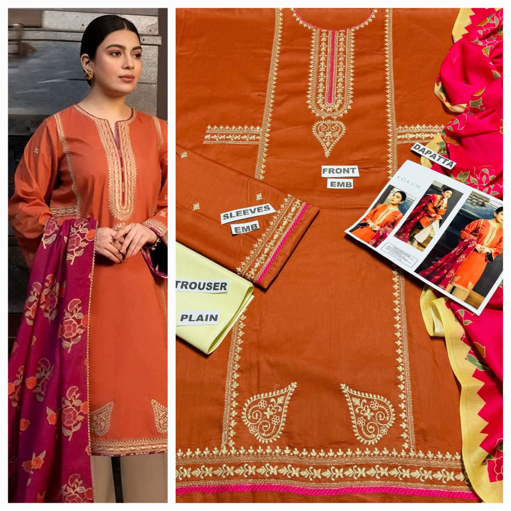 Premium Heavy Embroidered Cambric Cotton 3-Piece Suit with Digital Printed Swiss Lawn Dupatta