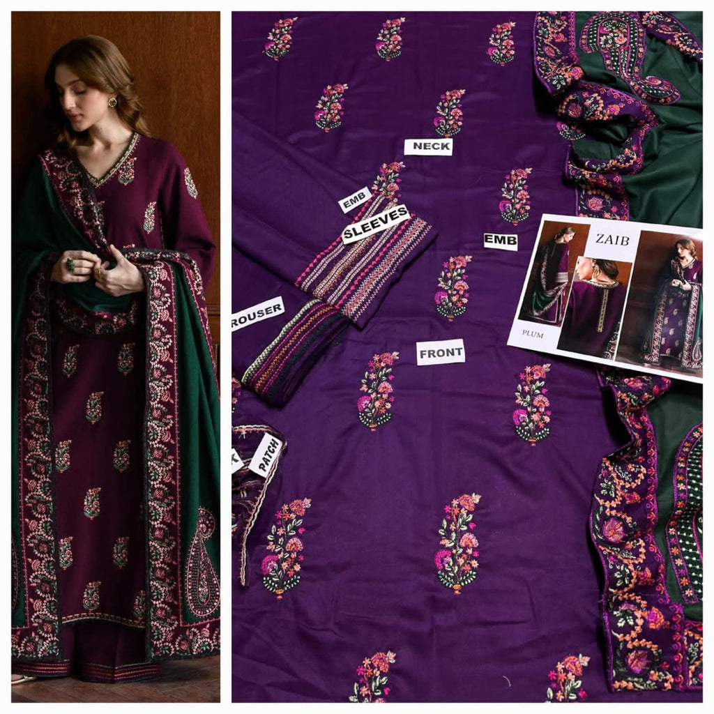 Premium Embroidered Winter Dhanak 3-Piece Suit with Motif Work Shawl & Patches