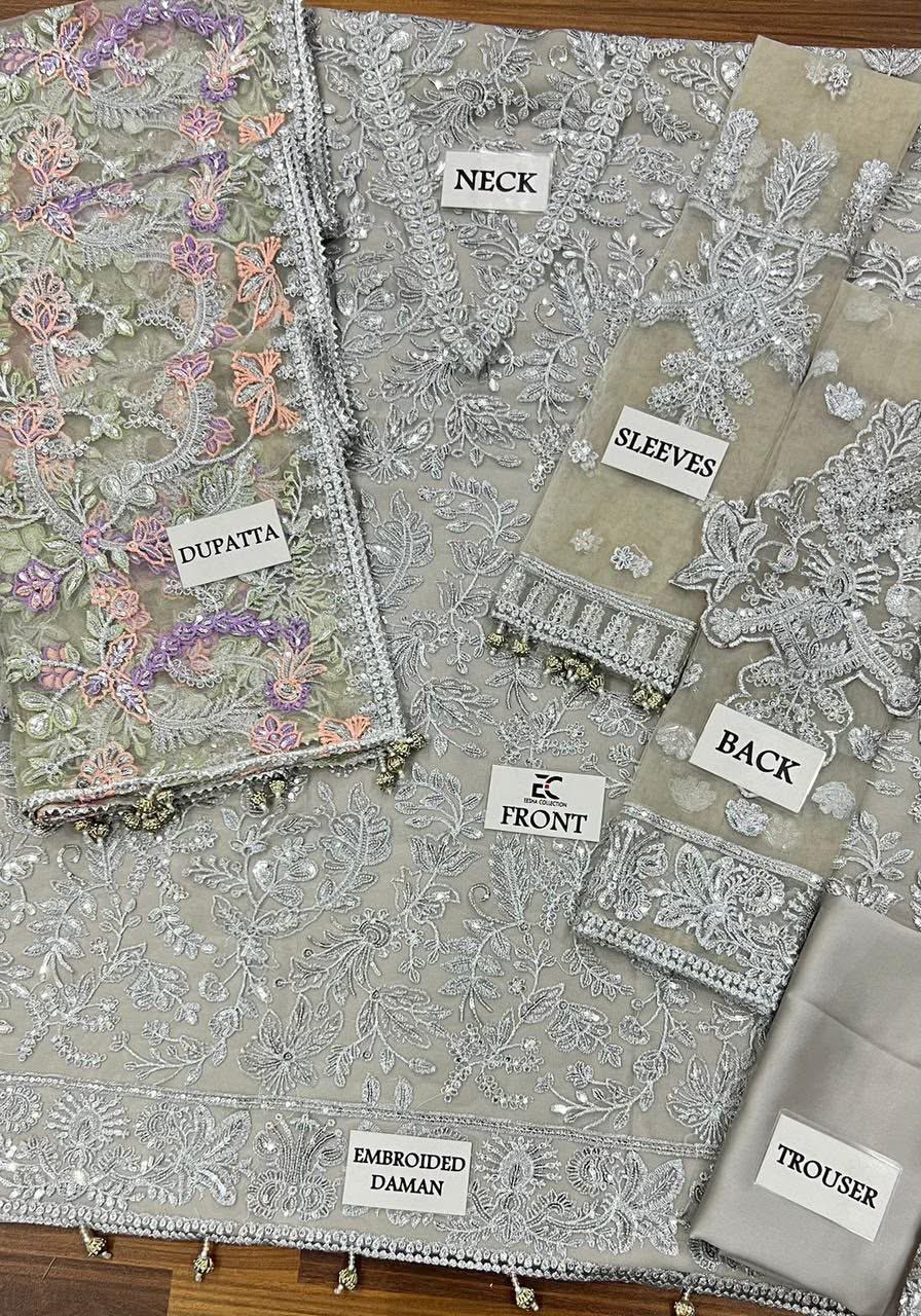 Luxury Heavy Spangle Embroidered Net 3-Piece Suit with Cutwork Dupatta & Shamoze Silk Inner