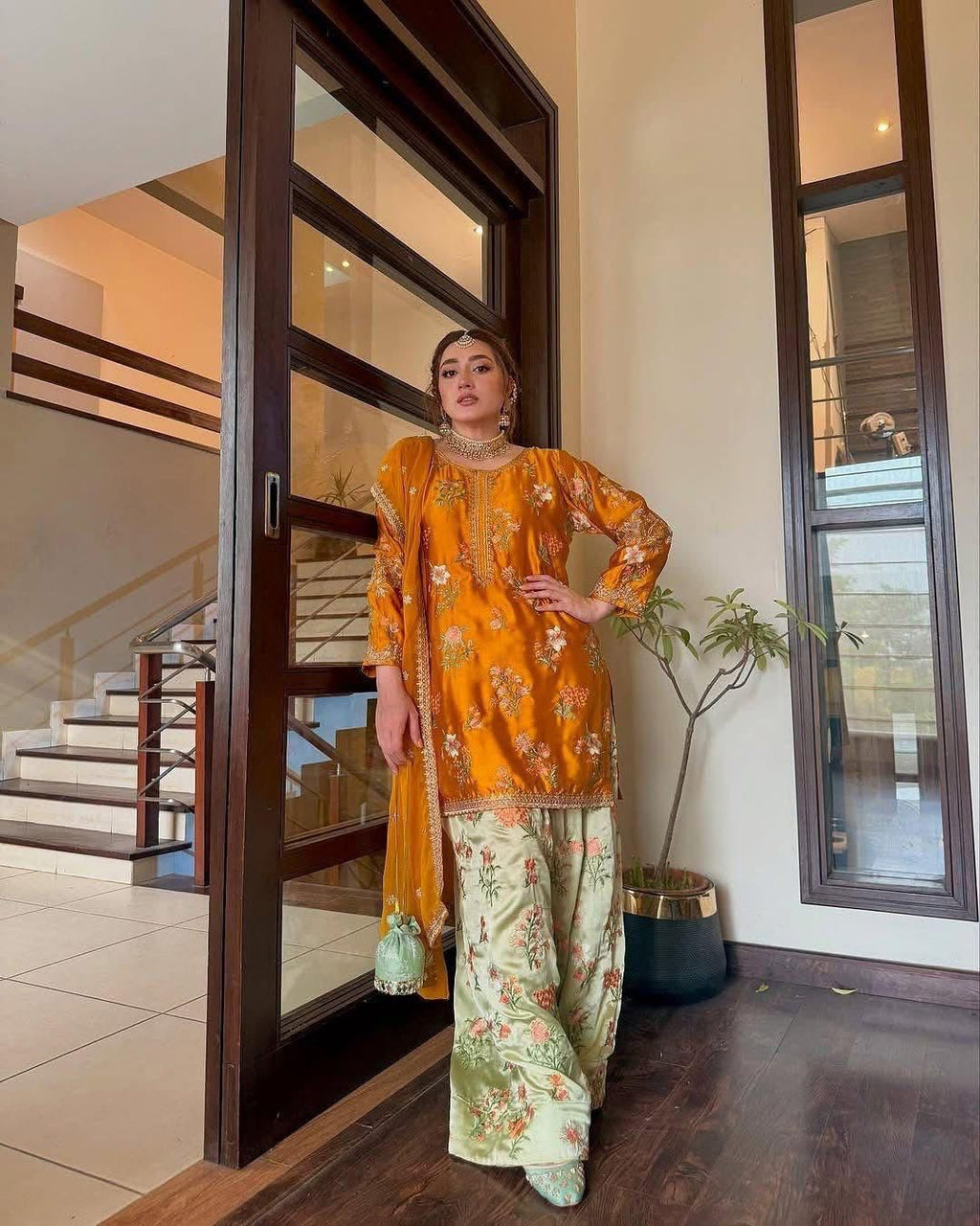Luxury Embroidered Digital Printed Silk 3-Piece Suit with Chiffon Dupatta By LAAM