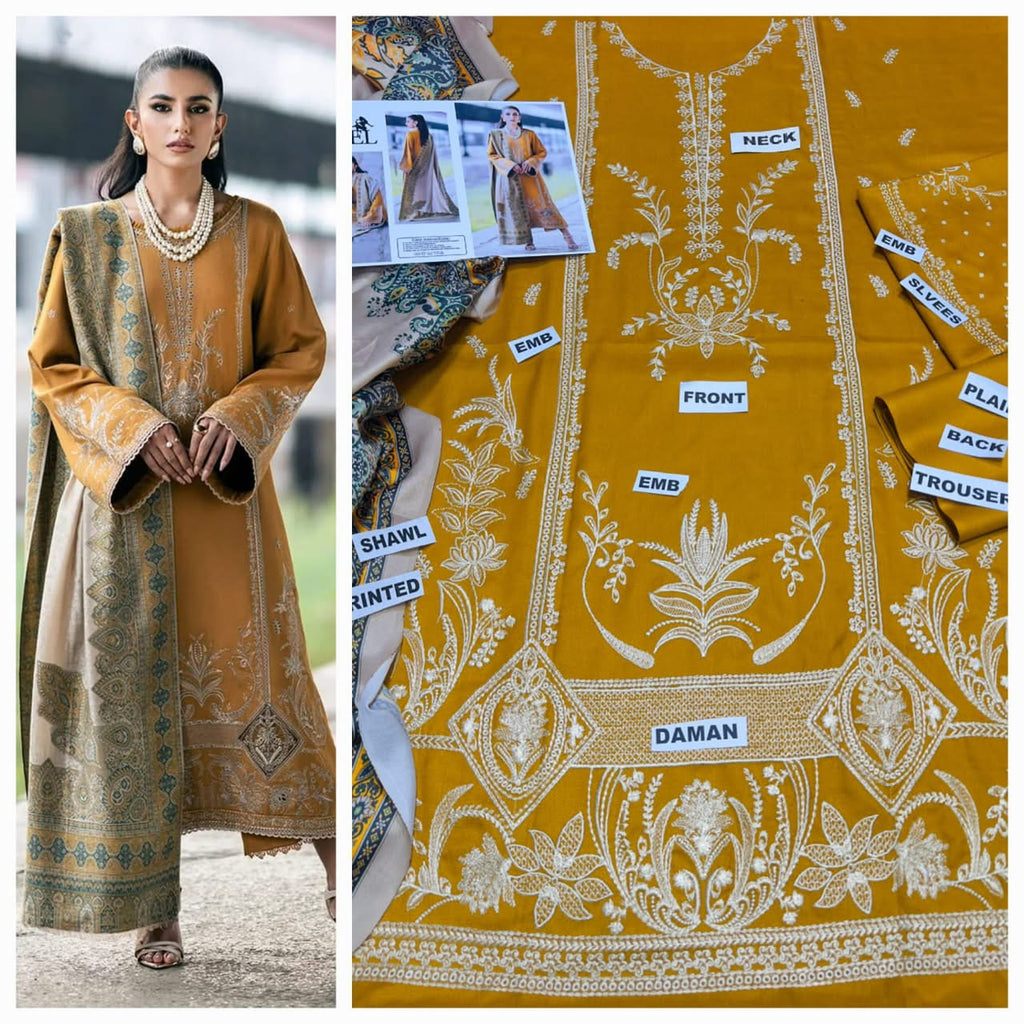 Premium Embroidered Airjet Dhanak 3-Piece Suit with Digital Printed Wool Shawl