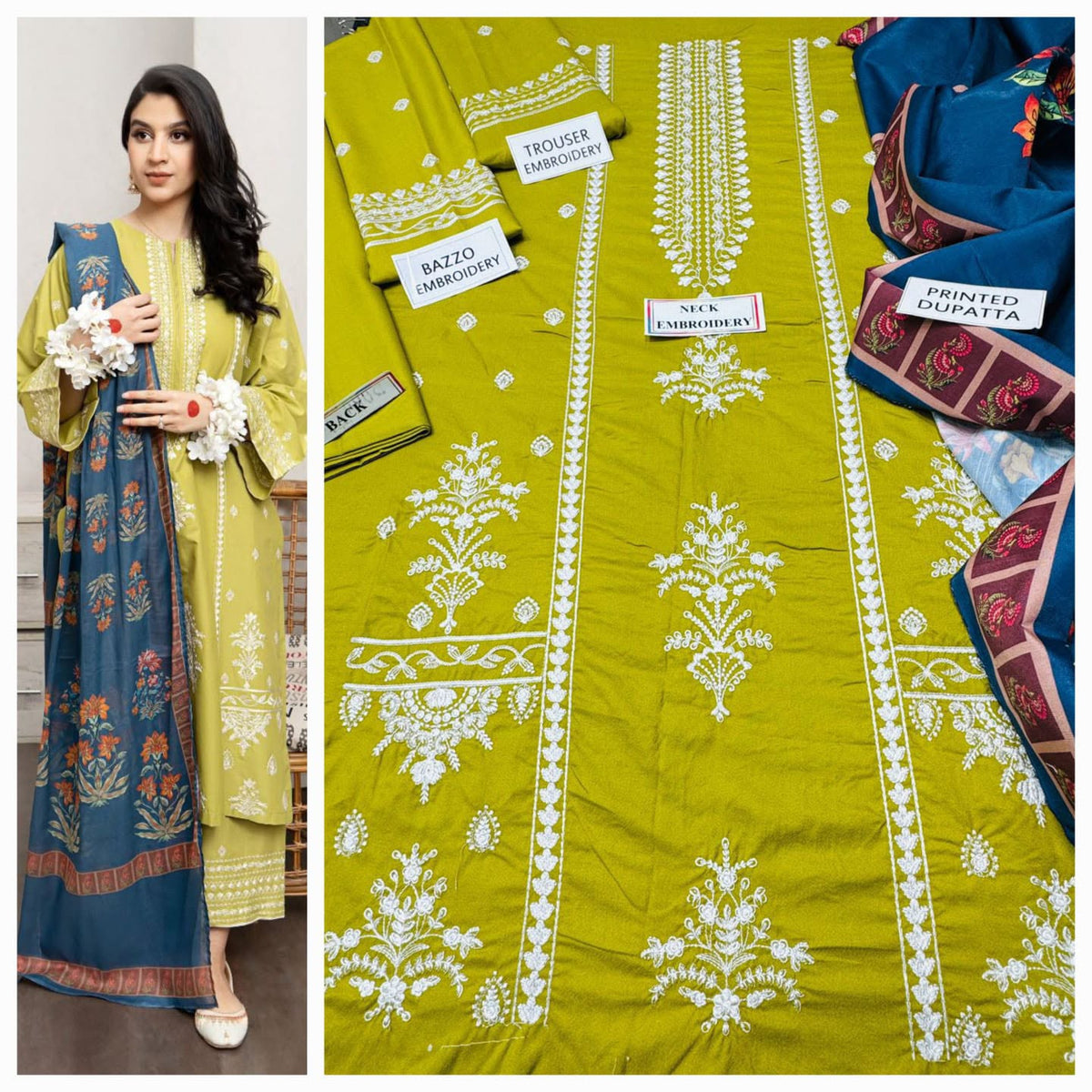 Premium Heavy Embroidered Cambric Cotton 3-Piece Suit with Digital Printed Swiss Lawn Dupatta